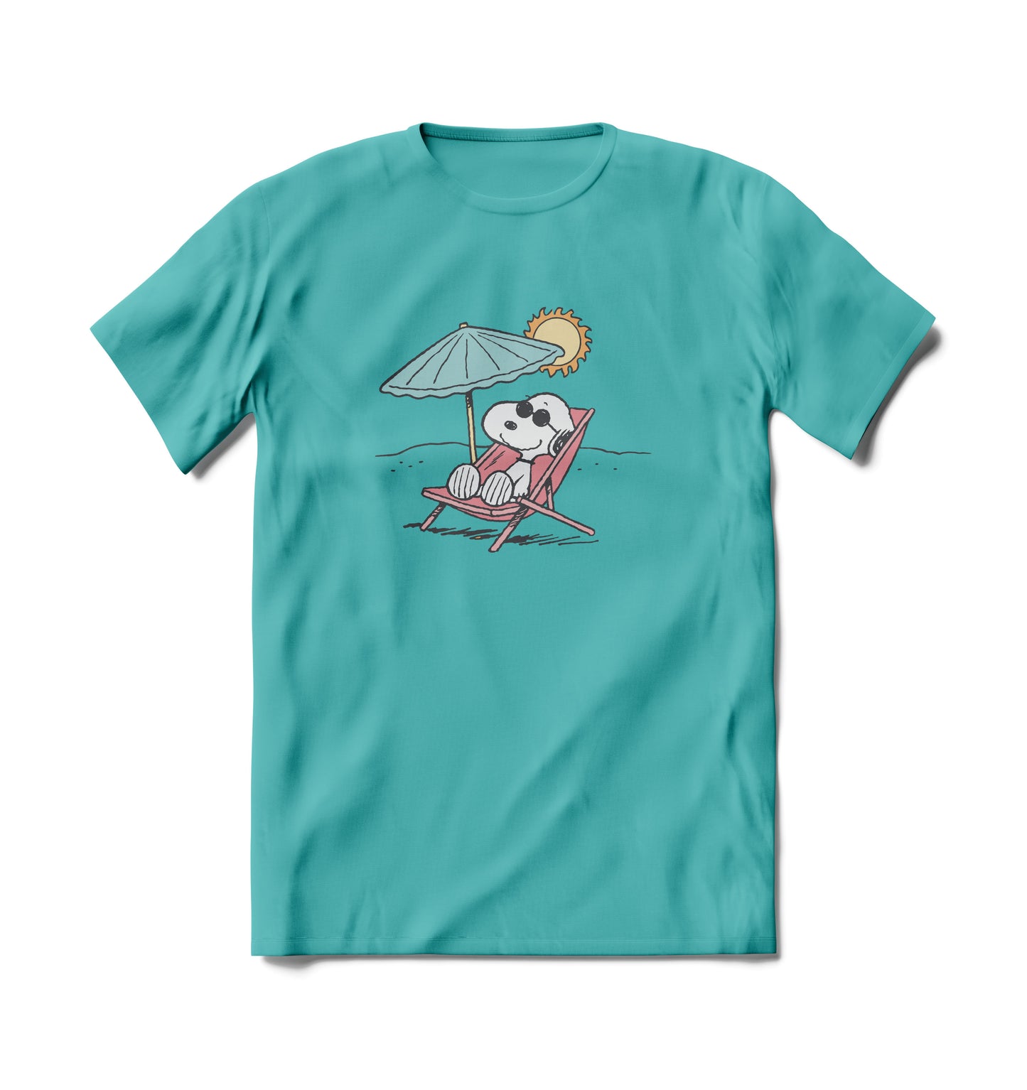 Brief Insanity T-Shirt: teal tee with Snoopy relaxing on a beach.