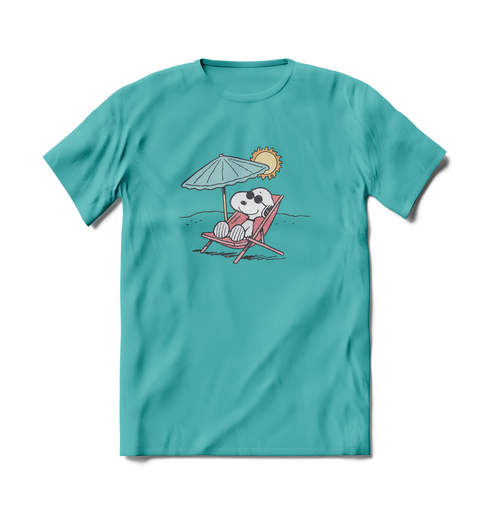 Brief Insanity T-Shirt: teal tee with Snoopy relaxing on a beach.