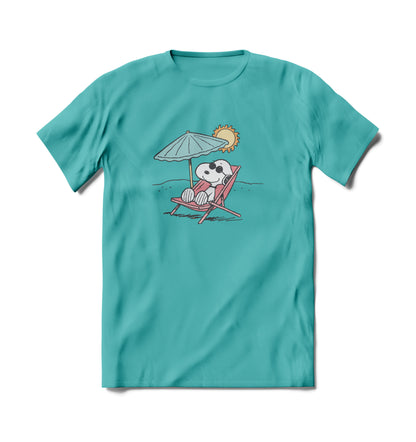Brief Insanity T-Shirt: teal tee with Snoopy relaxing on a beach.