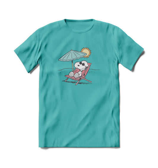 Product Image – Brief Insanity T-Shirt: teal tee with Snoopy relaxing on a beach.