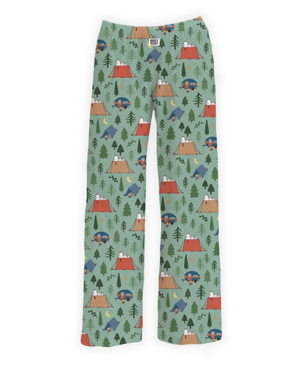 Brief Insanity Peanuts Snoopy Camping lounge pants feature a fun camping print with tents, trees, and campfires.