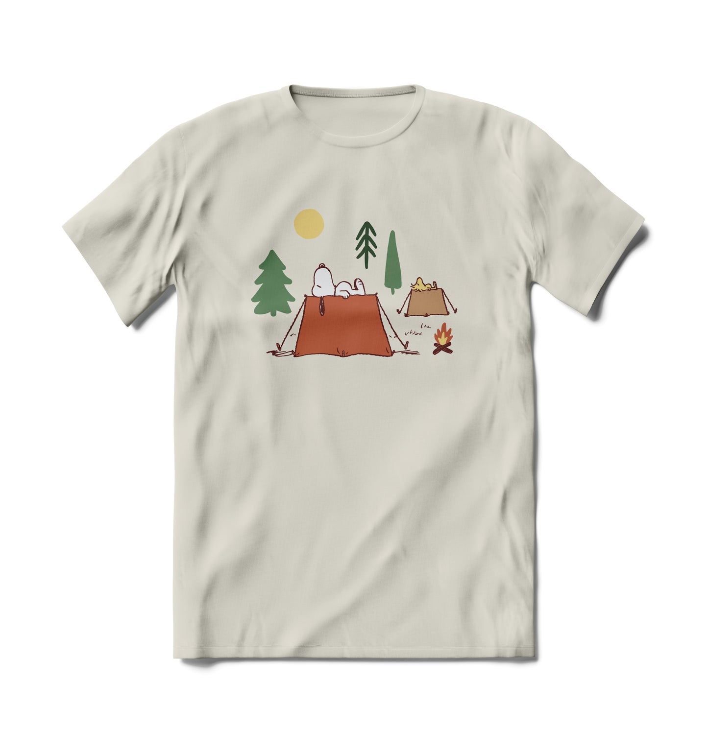 Brief Insanity Peanuts Snoopy Camping T-Shirt: Cozy beige sleep shirt with camp-themed graphic.