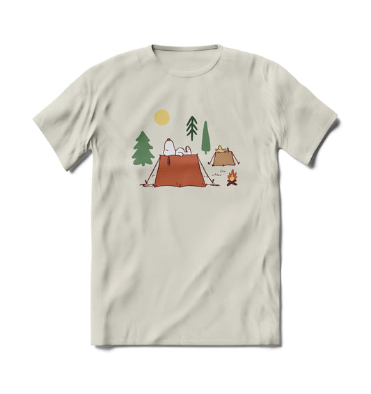 Product Image – Brief Insanity Peanuts Snoopy Camping T-Shirt: Cozy beige sleep shirt with camp-themed graphic.