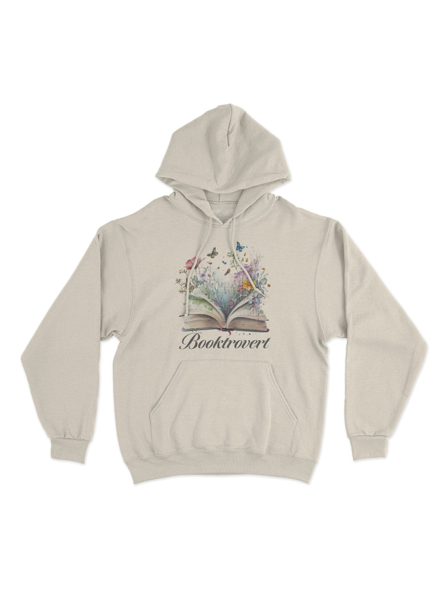 Brief Insanity Booktrovert Hoodie with open book, flowers, and butterflies; ideal for book lovers.