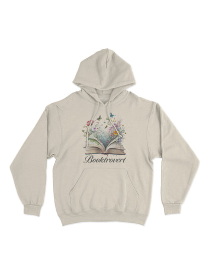 Brief Insanity Booktrovert Hoodie with open book, flowers, and butterflies; ideal for book lovers.