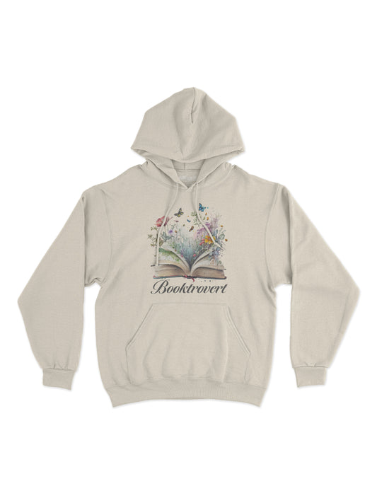 Product Image – Brief Insanity Booktrovert Hoodie with open book, flowers, and butterflies; ideal for book lovers.