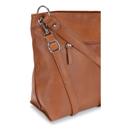 Bellezza Hobo Bag, cognac, close up of corner where straps clip on to silver rivet