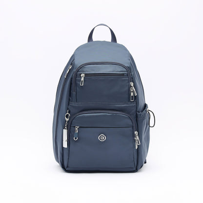 The Beside-U Aileen R1 Backpack in blue, with multiple zippered compartments and a small logo on white background.