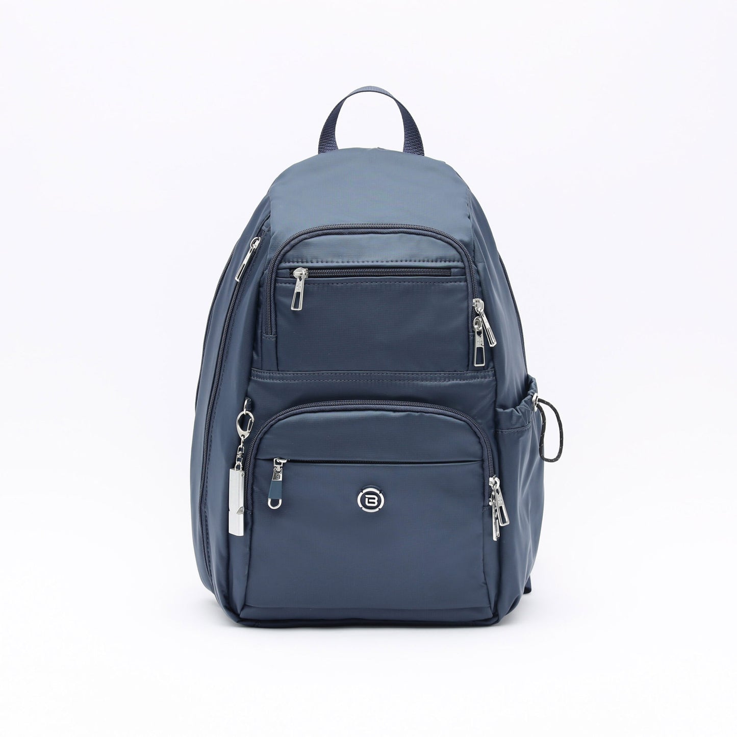 The Beside-U Aileen R1 Backpack in blue, with multiple zippered compartments and a small logo on white background.