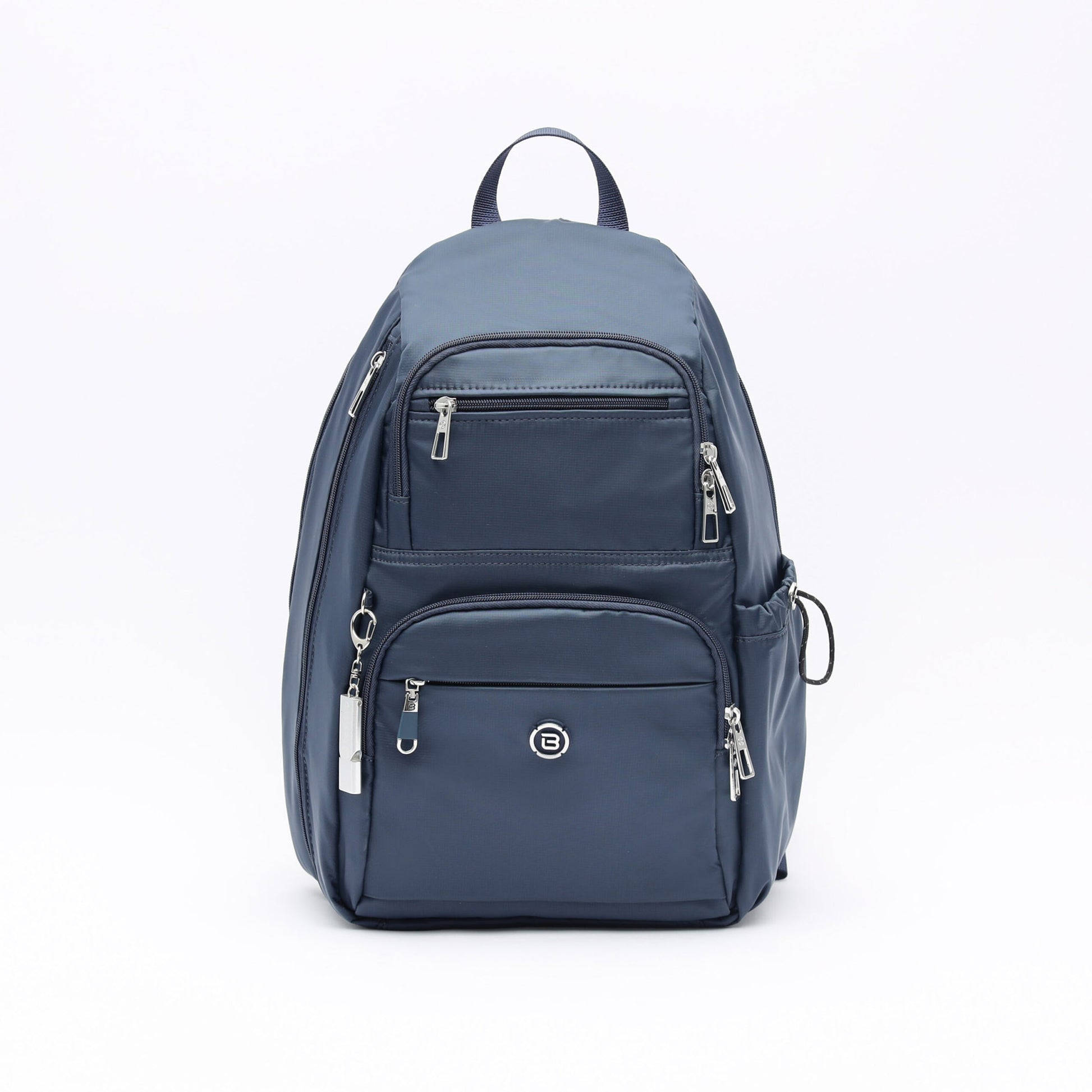 The Beside-U Aileen R1 Backpack in blue, with multiple zippered compartments and a small logo on white background.