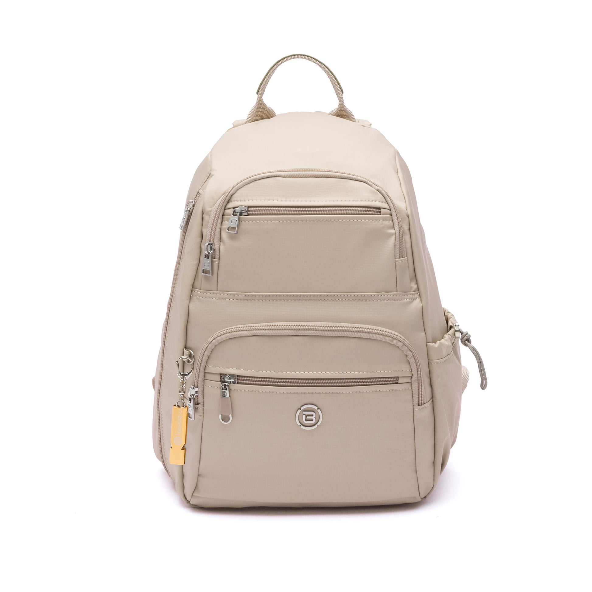 Beside-U Aileen R1 Backpack in beige with multiple zippered compartments and top handle on white background.