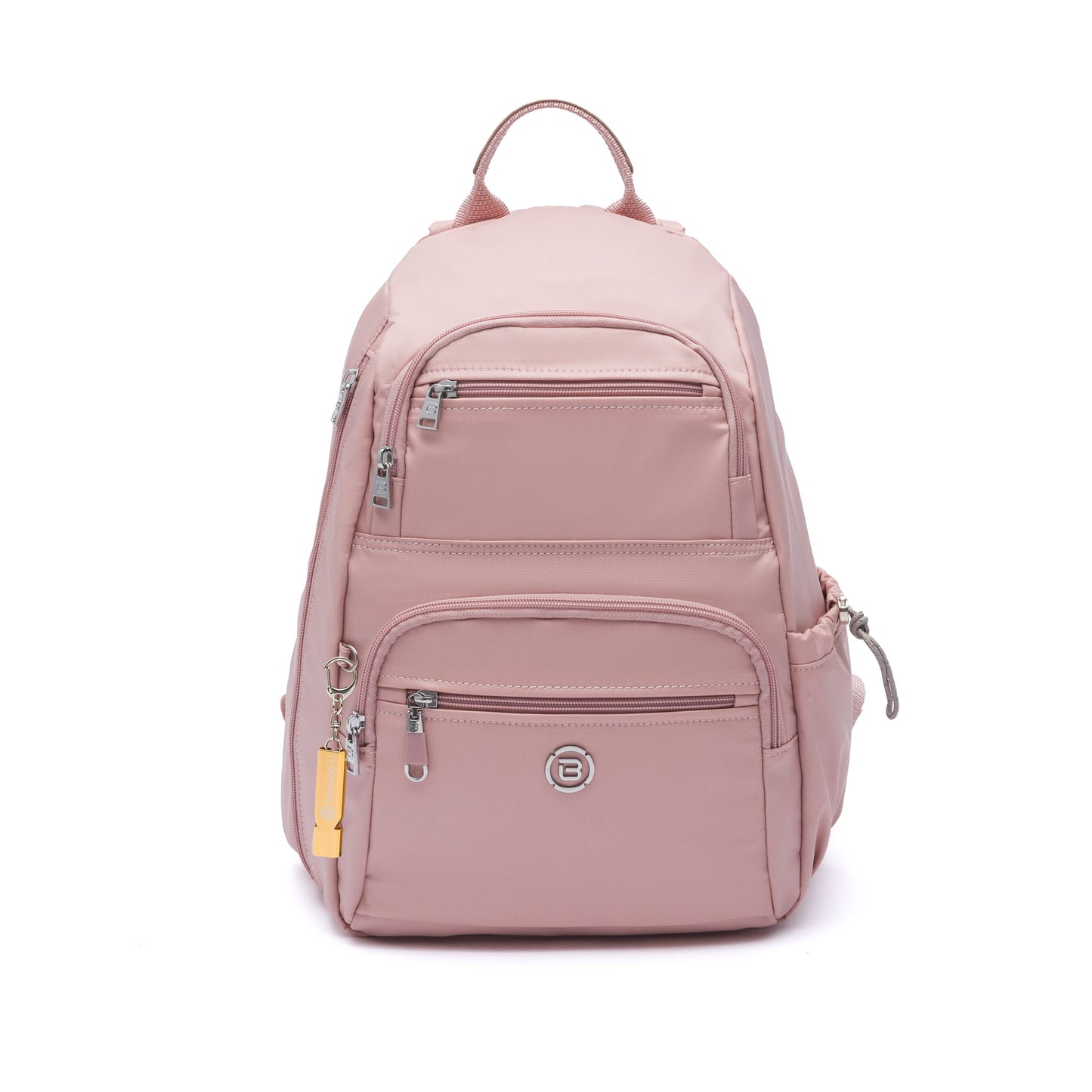 Beside-U Aileen R1 Backpack: Pink, lightweight, water-repellent with zip pockets and white front logo.