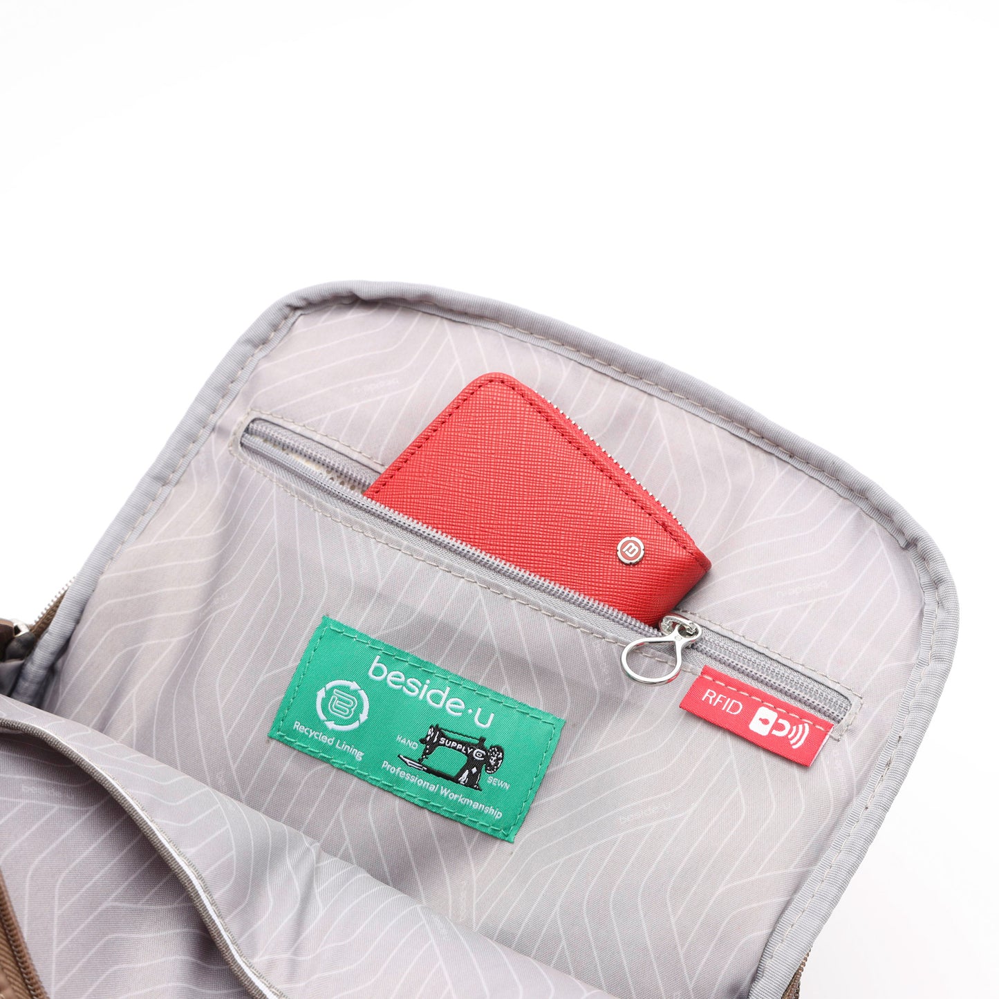The Beside-U Aileen R1 Backpack reveals a gray RFID inner pocket and a red zipper pouch inside.