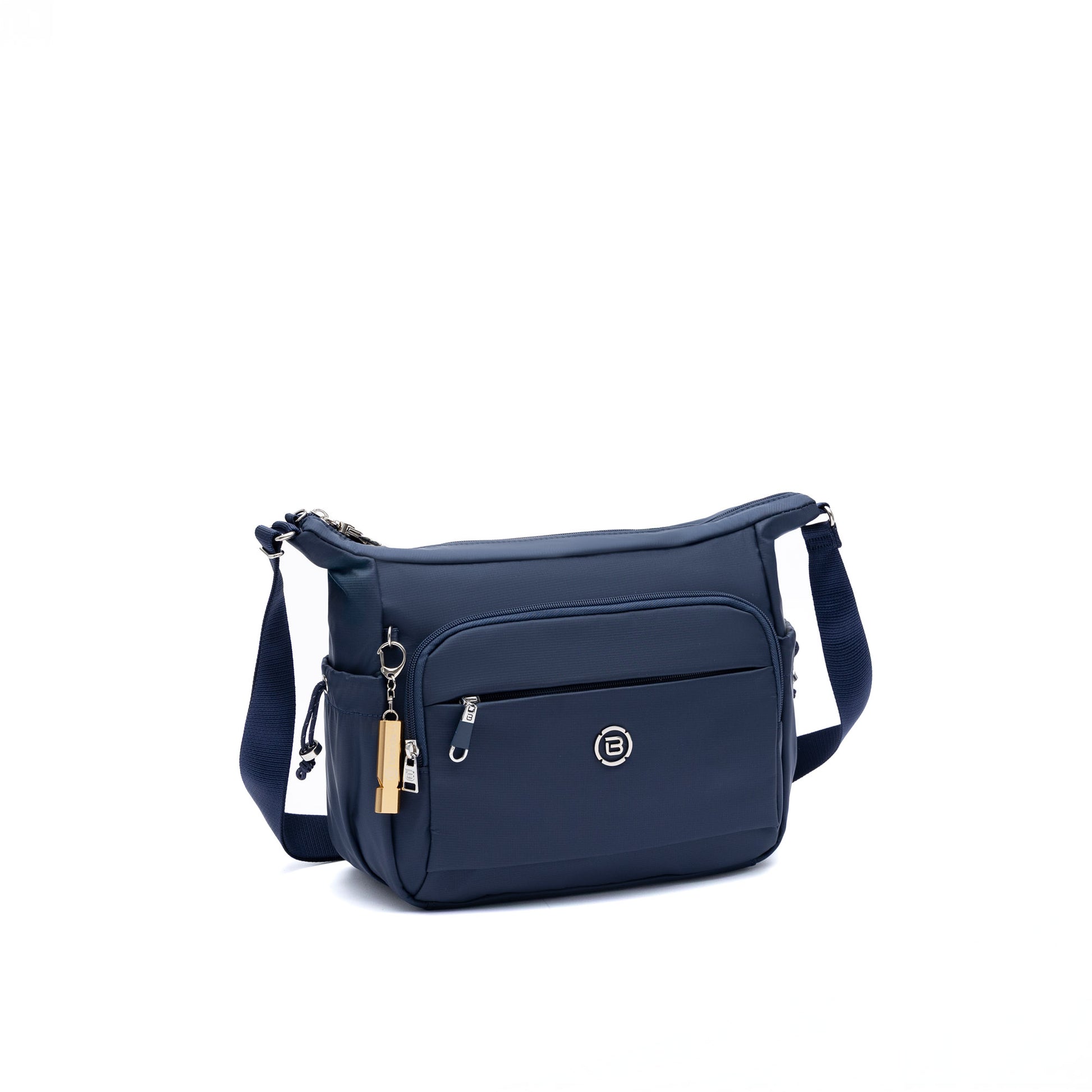 The Beside-U Jest R2 Crossbody is a navy nylon bag with water-repellent finish, front zip pocket, and adjustable strap.