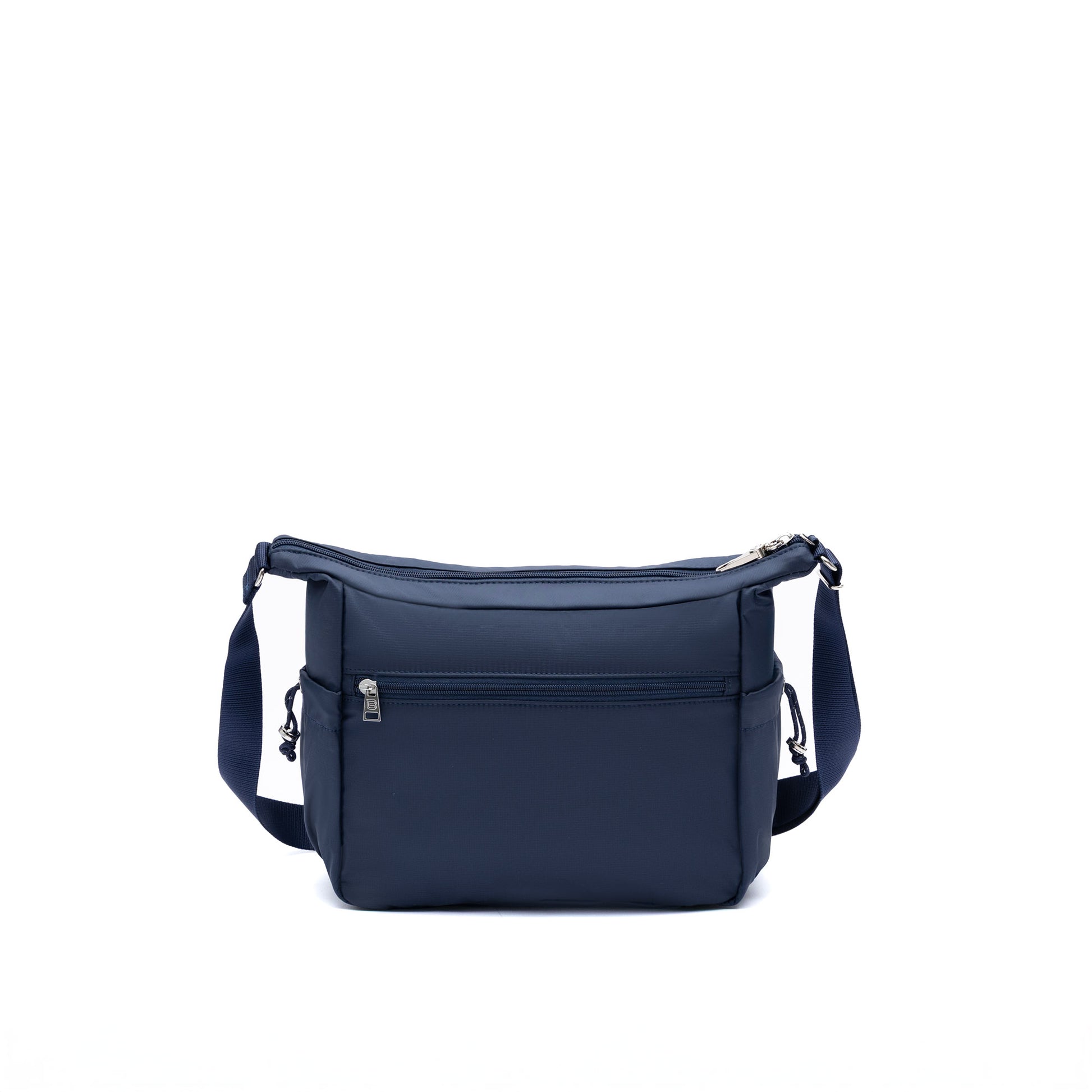 Beside-U Jest R2 Crossbody: navy water-repellent nylon bag with front zip pocket and adjustable strap.