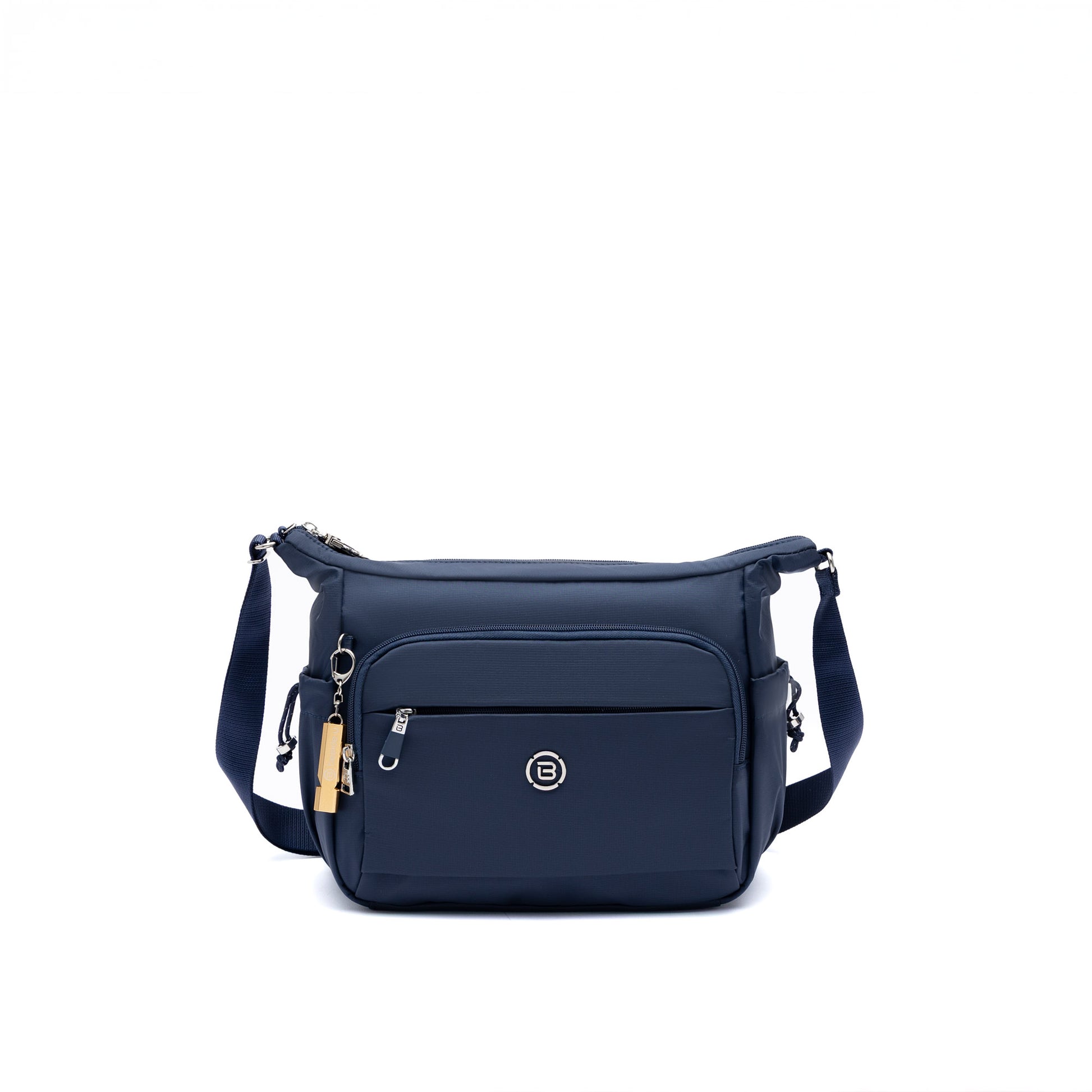 Beside-U Jest R2 Crossbody in navy, water-repellent nylon, front zip pocket, adjustable strap, and logo.