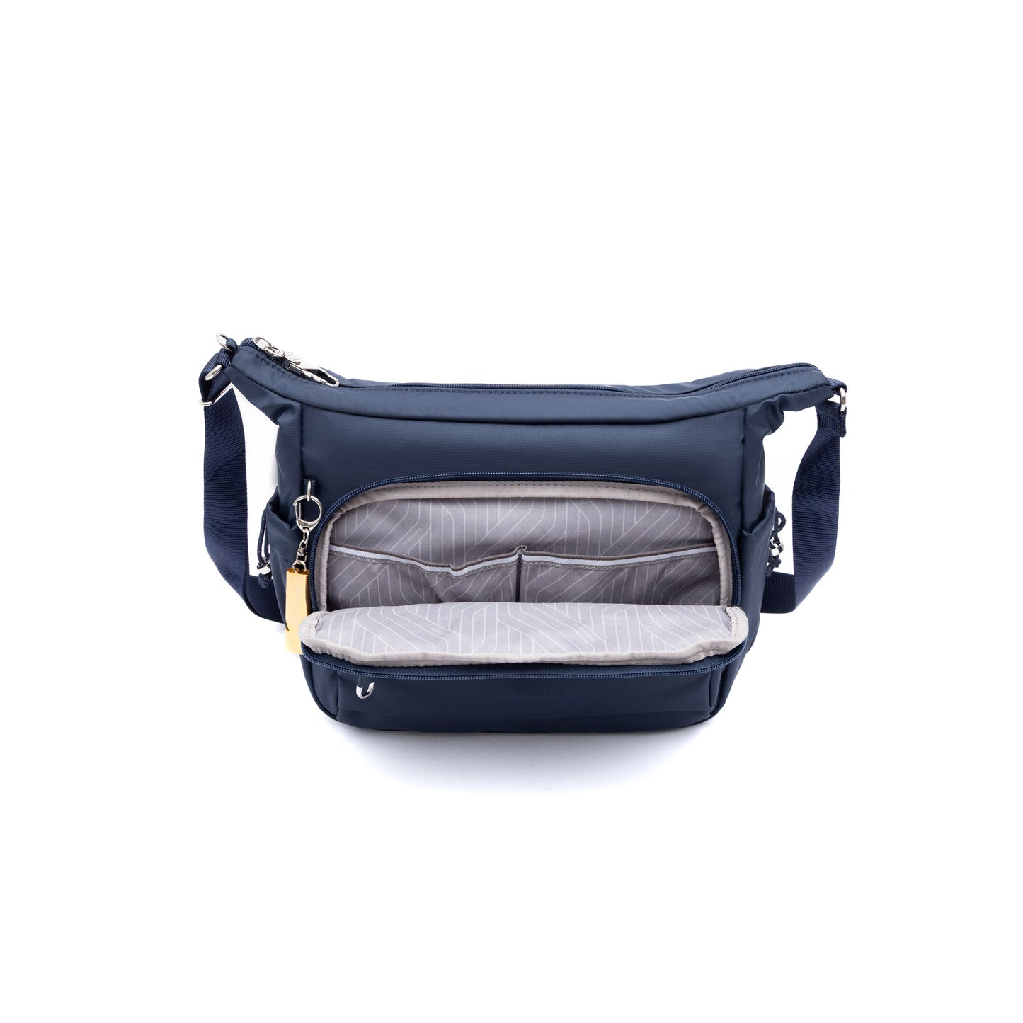 Beside-U Jest R2 Crossbody in navy with open front zip pocket reveals a striped lining and anti-slash design.