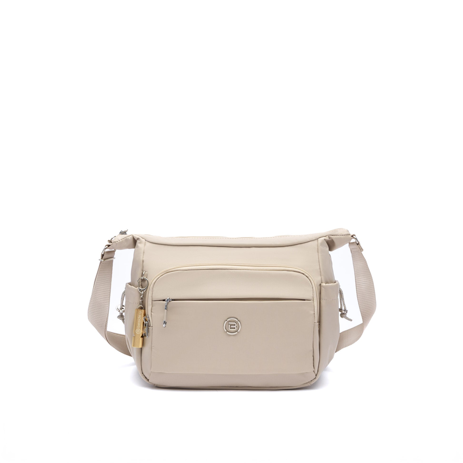 Beside-U Jest R2 Crossbody: water-repellent beige nylon, front zip pocket, adjustable strap, small logo.
