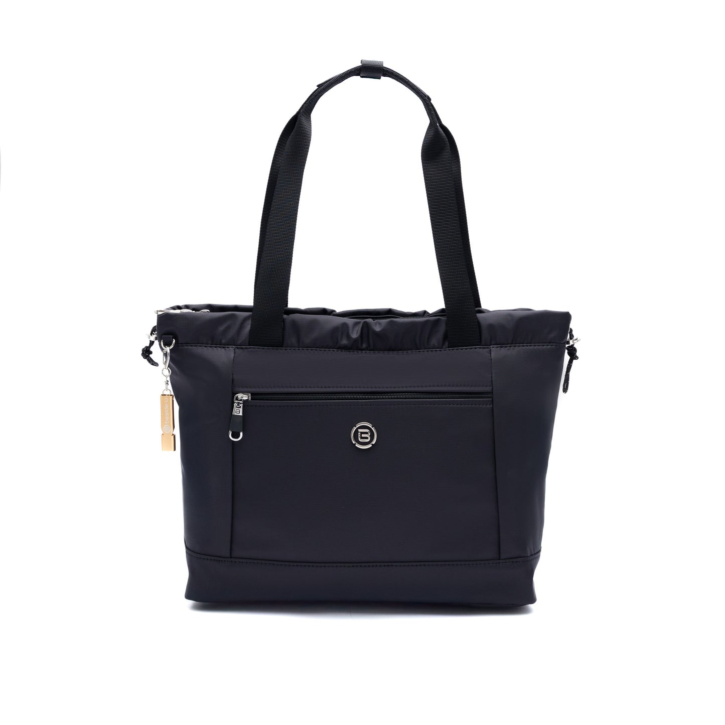 The Beside-U Candy Tote is a black anti-theft bag with two handles, front zipper pocket, and round logo.
