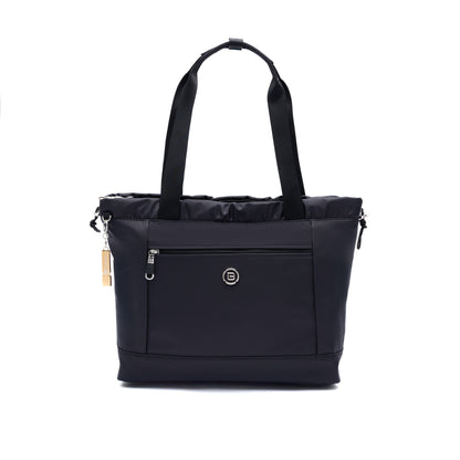The Beside-U Candy Tote is a black anti-theft bag with two handles, front zipper pocket, and round logo.