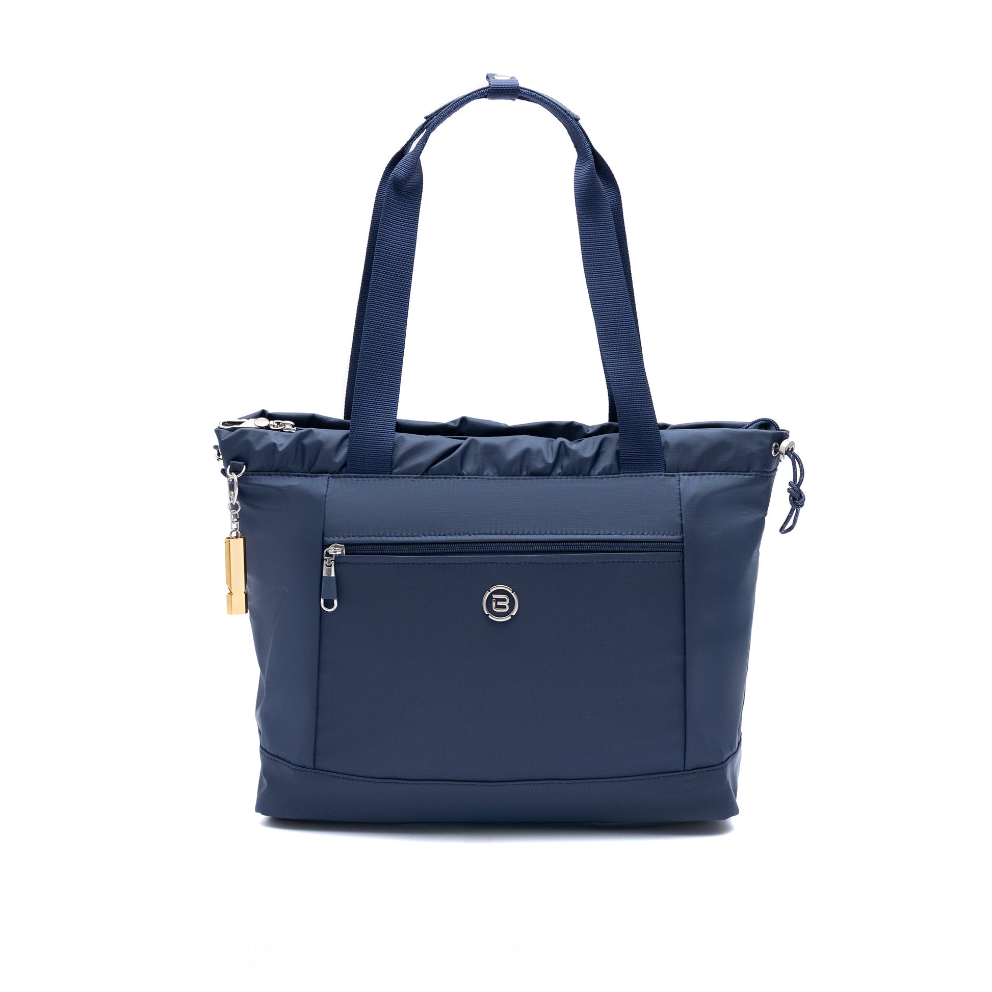 The Beside-U Candy Tote is a navy anti-theft bag with RFID, two handles, front zip pocket, and circular logo.