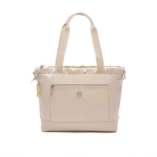 Product Image – Beside-U Candy Tote: Beige anti-theft tote with front zipper pocket, double handles, and small logo.