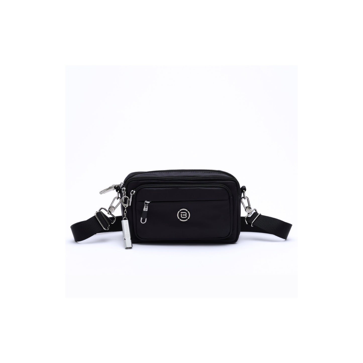 Beside-U Gelato Crossbody in black with zipper pockets, RFID pocket, and adjustable strap on white background.