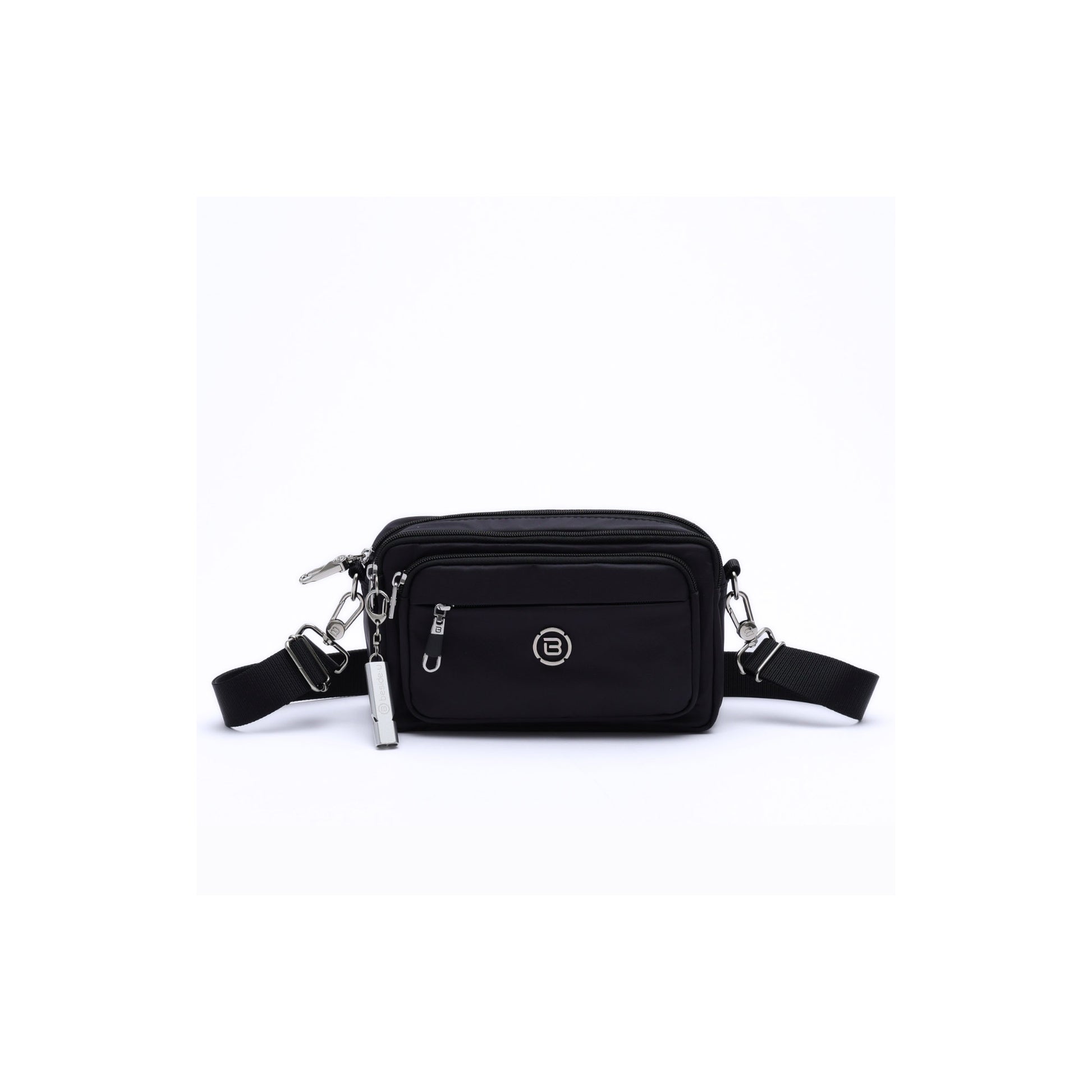 Beside-U Gelato Crossbody in black with zipper pockets, RFID pocket, and adjustable strap on white background.