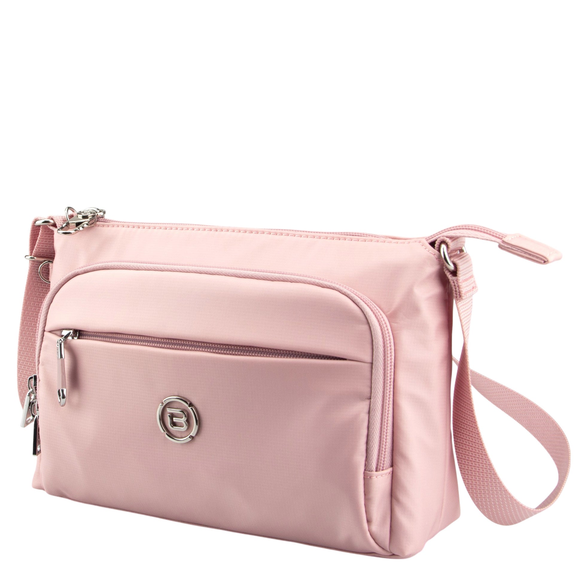Beside-U Jubilee Crossbody in light pink with front zip pocket, silver hardware, and adjustable strap.