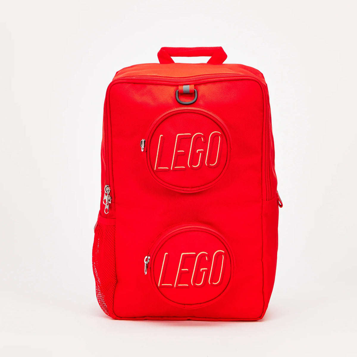 Red LEGO® Brick Backpack - ONLINE ONLY with two circular front pockets shaped like building bricks.