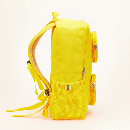 Bright yellow LEGO® Brick Backpack - ONLINE ONLY with circular side pockets and a mesh water bottle pocket.