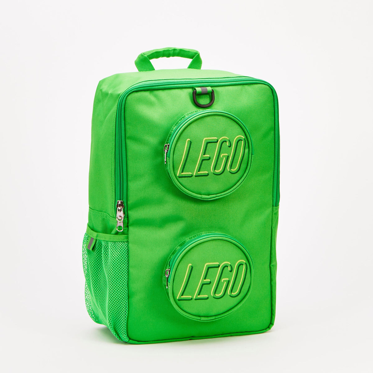 Bright green LEGO® Brick Backpack - ONLINE ONLY with two circular, stud-like zippered pockets embossed with text.