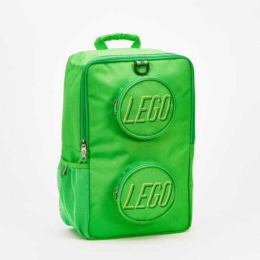 Product Image – Bright green LEGO® Brick Backpack - ONLINE ONLY with two circular, stud-like zippered pockets embossed with text.