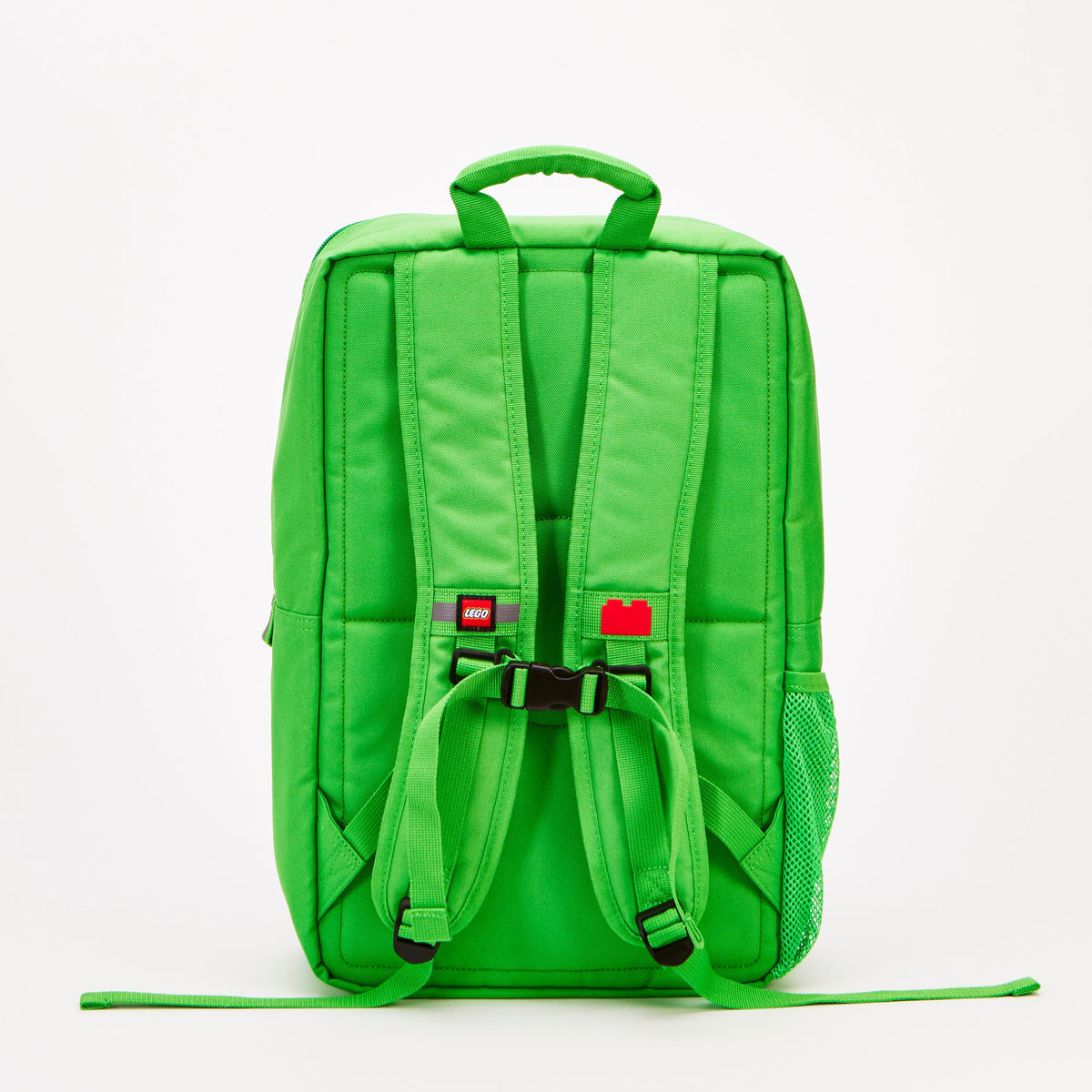 Bright green LEGO® Brick Backpack - ONLINE ONLY with padded straps, a chest buckle, and side mesh pockets.