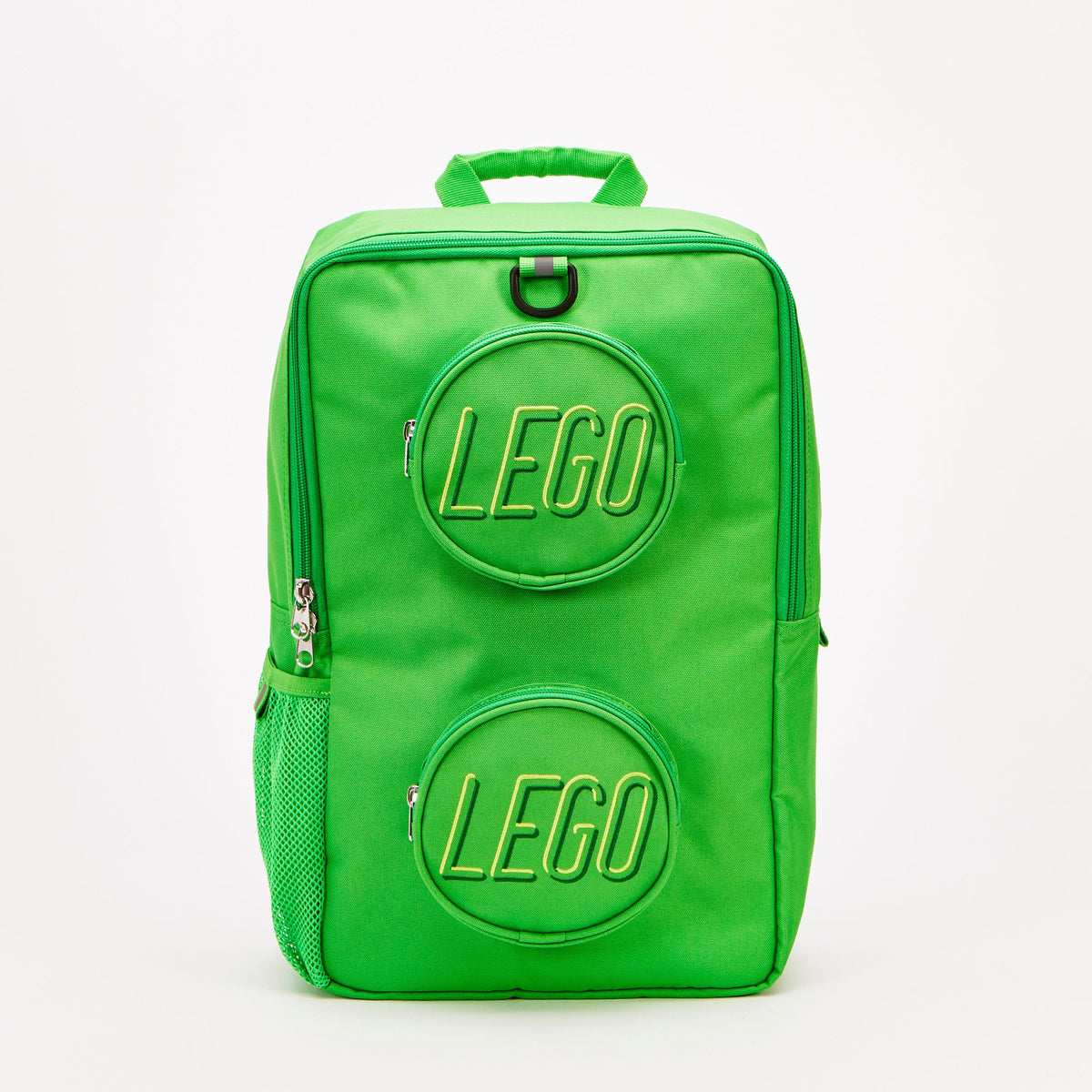 Bright green LEGO® Brick Backpack with two circular front pockets shaped like toy bricks with embossed logos.