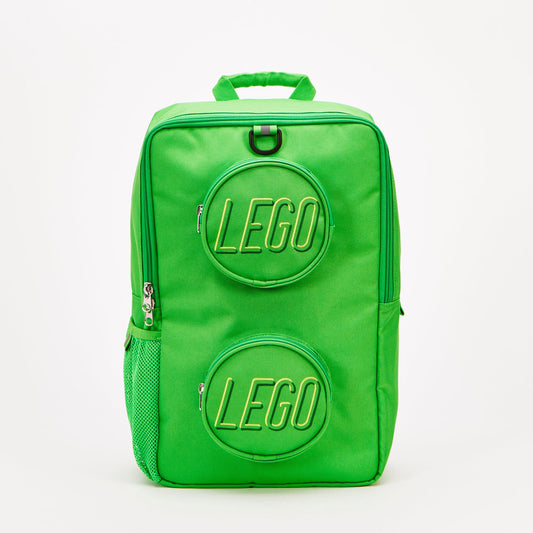 Product Image – Bright green LEGO® Brick Backpack with two circular front pockets shaped like toy bricks with embossed logos.