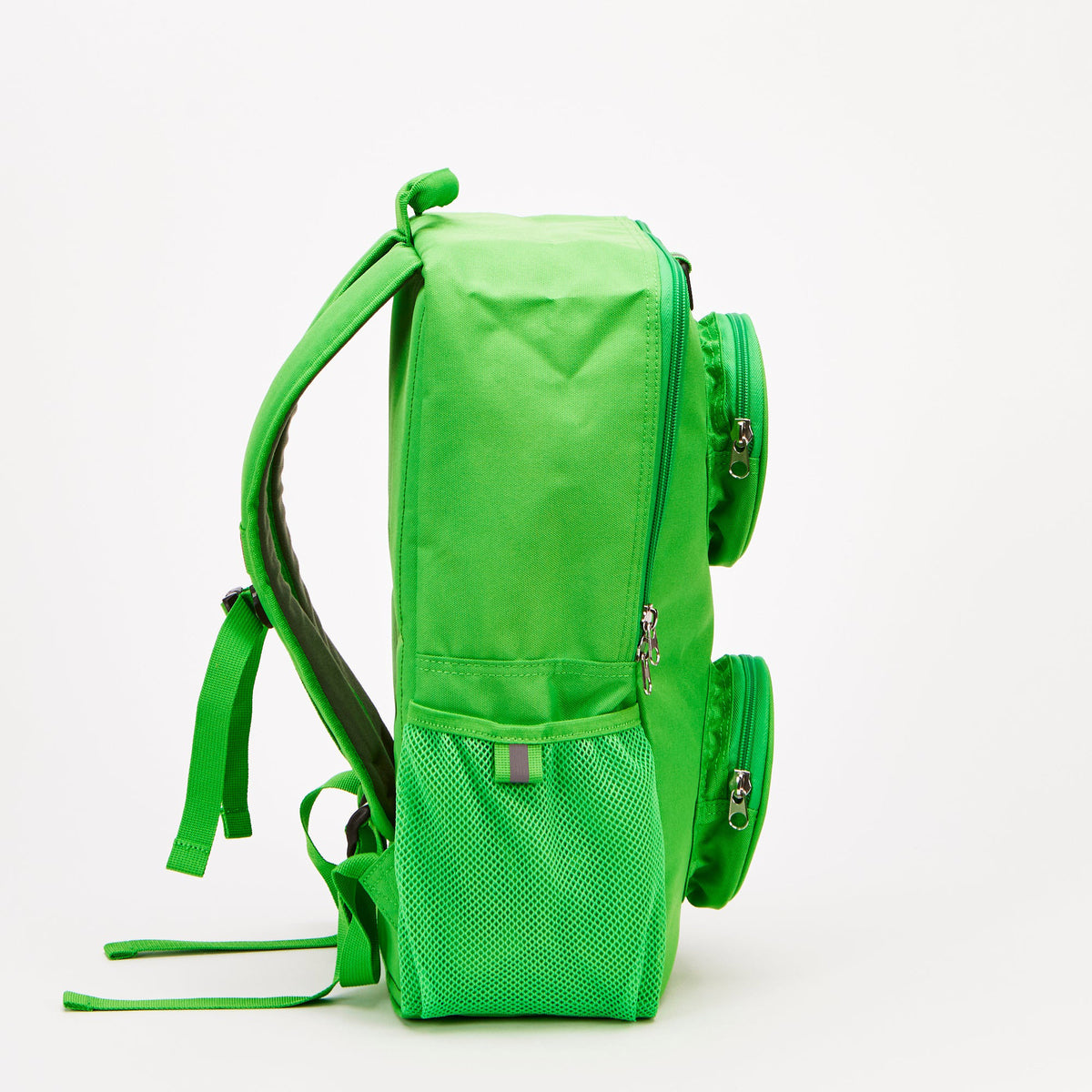 Side profile of a bright green LEGO® Brick Backpack - ONLINE ONLY with two circular front pockets and a mesh pocket.