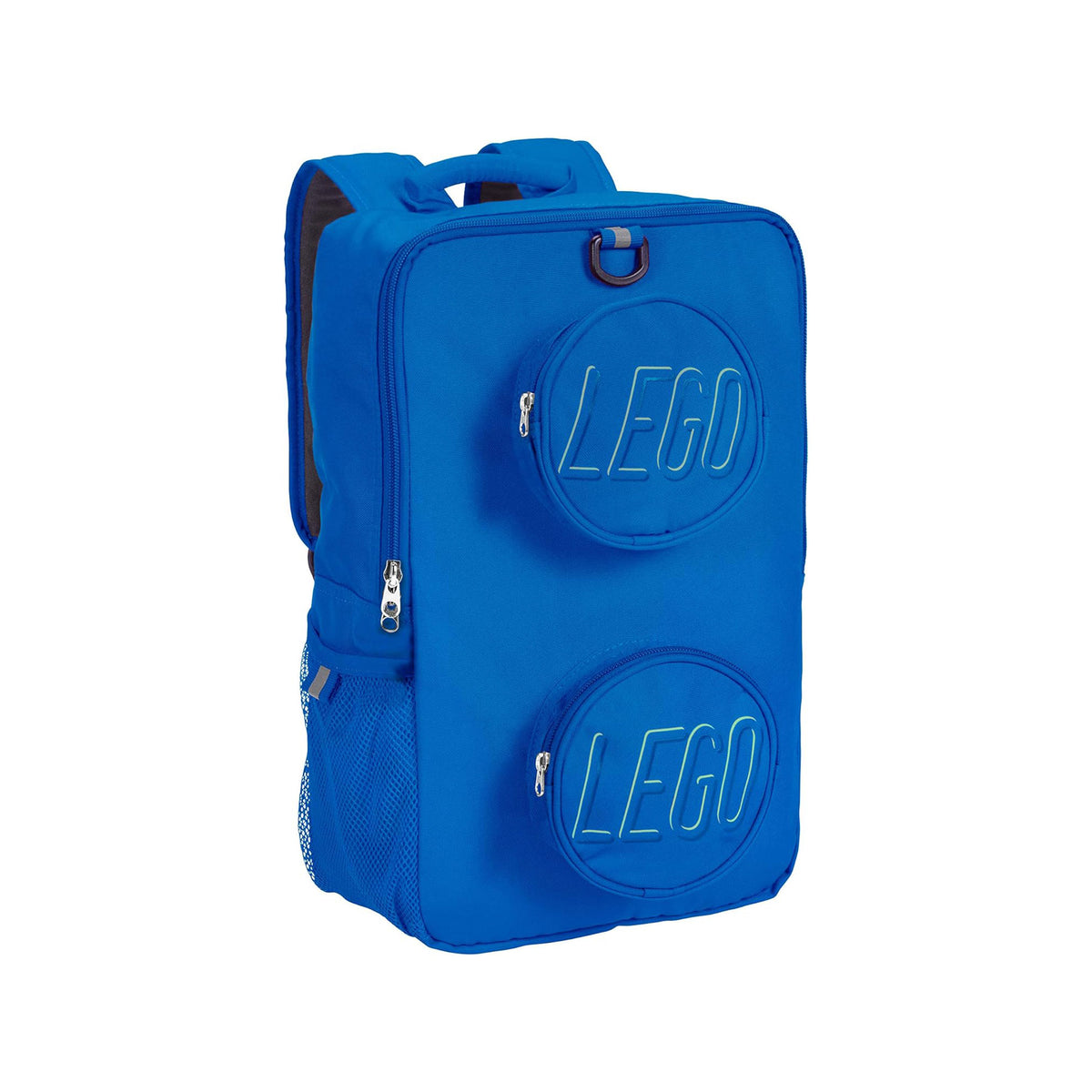 Blue LEGO® Brick Backpack - ONLINE ONLY with two circular exterior pockets embossed with logos.