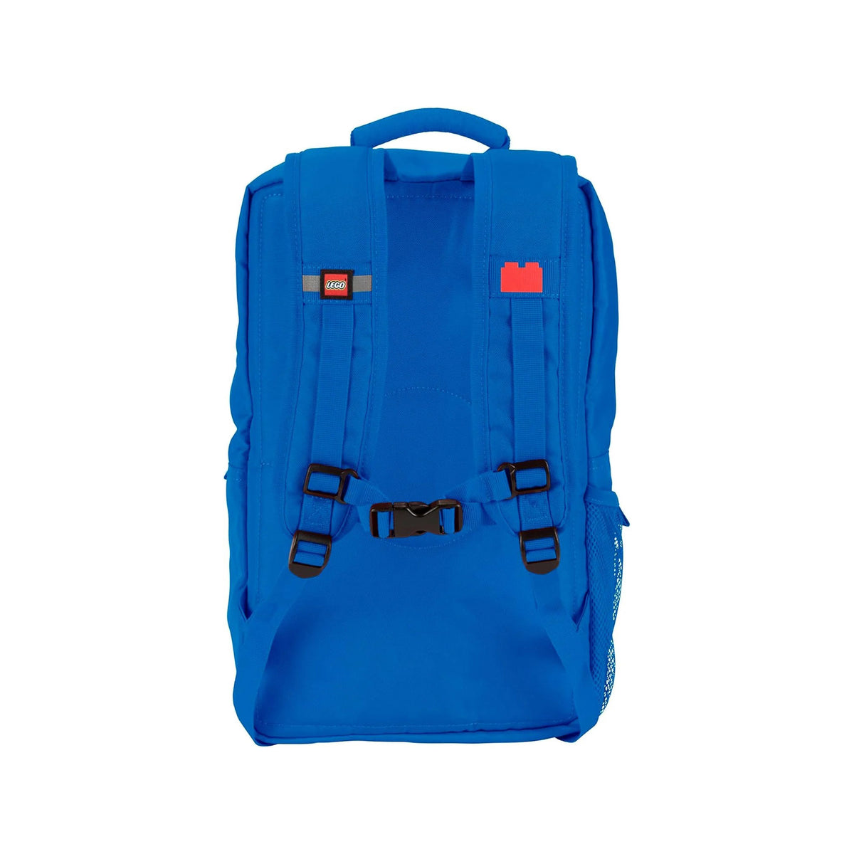 Back view of a blue LEGO® Brick Backpack - ONLINE ONLY with adjustable shoulder straps and a chest buckle.