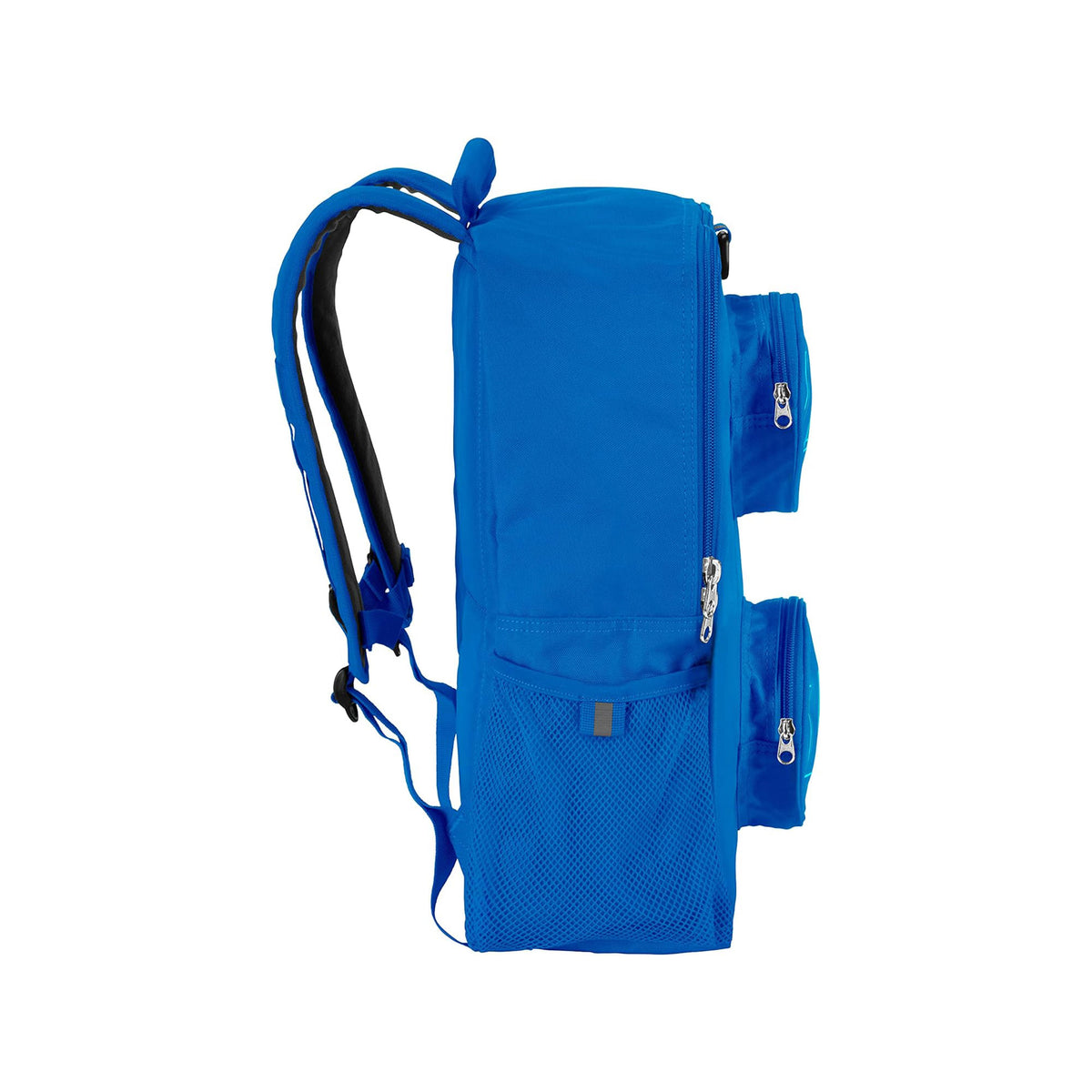 Side view of a bright blue LEGO® Brick Backpack - ONLINE ONLY with two circular front pockets and a mesh side pocket.