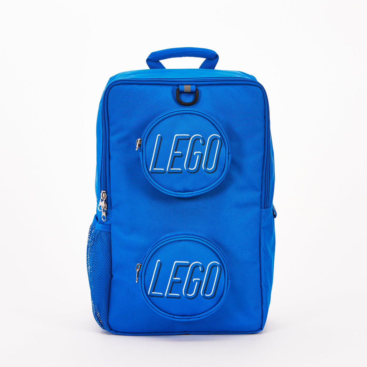 Blue LEGO® Brick Backpack - ONLINE ONLY with two round front pockets shaped like building blocks.