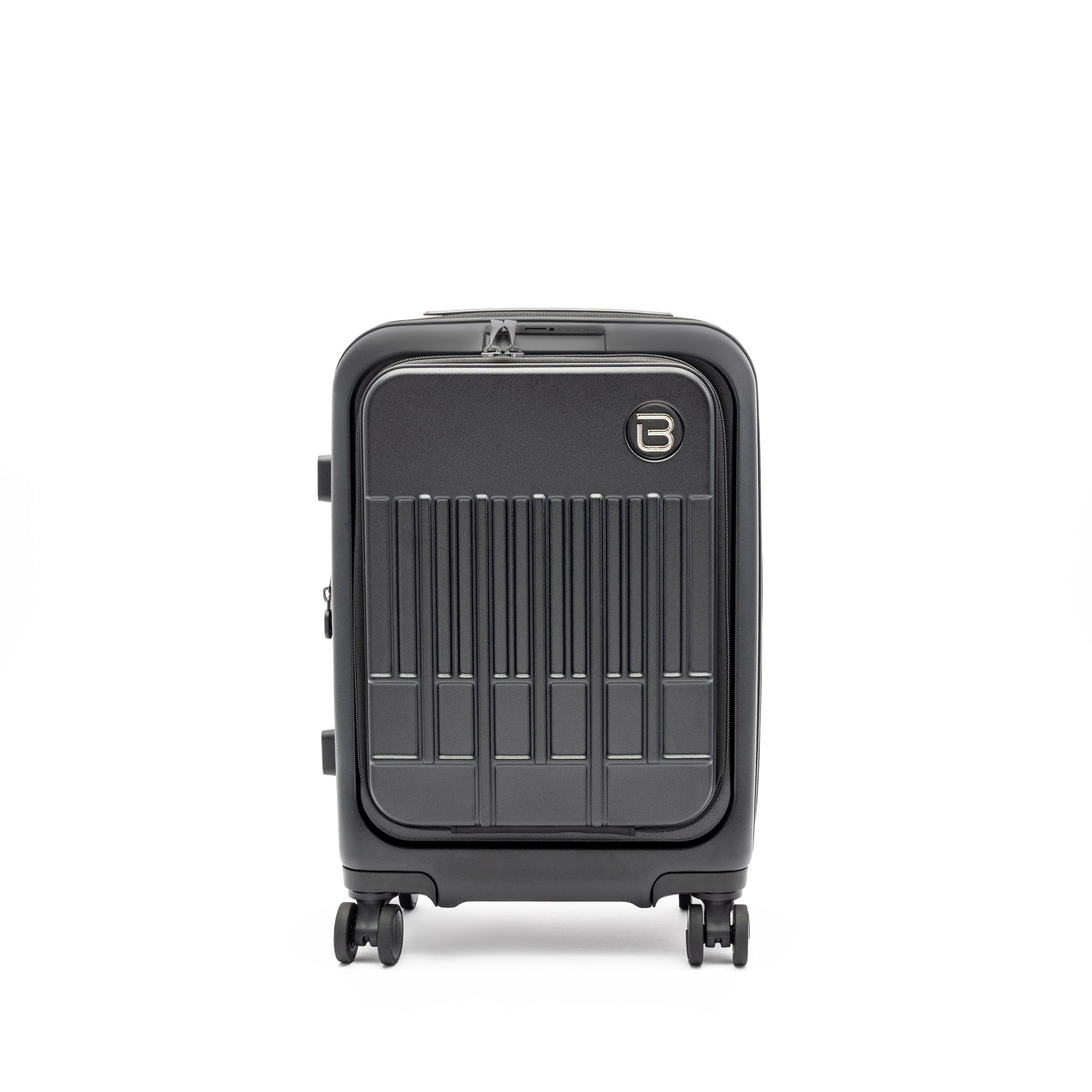 The Beside-U Posh Voyage 20" black polycarbonate carry-on with four wheels is shown on a white background.