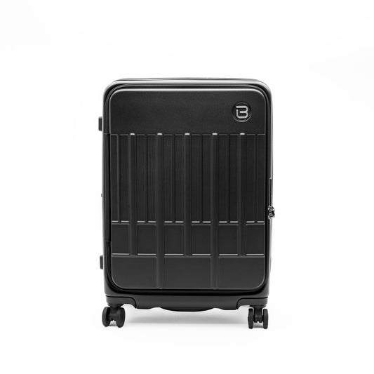 Product Image – The Beside-U Posh Voyage 24" Spinner in black has four wheels and a zippered divider for organization.