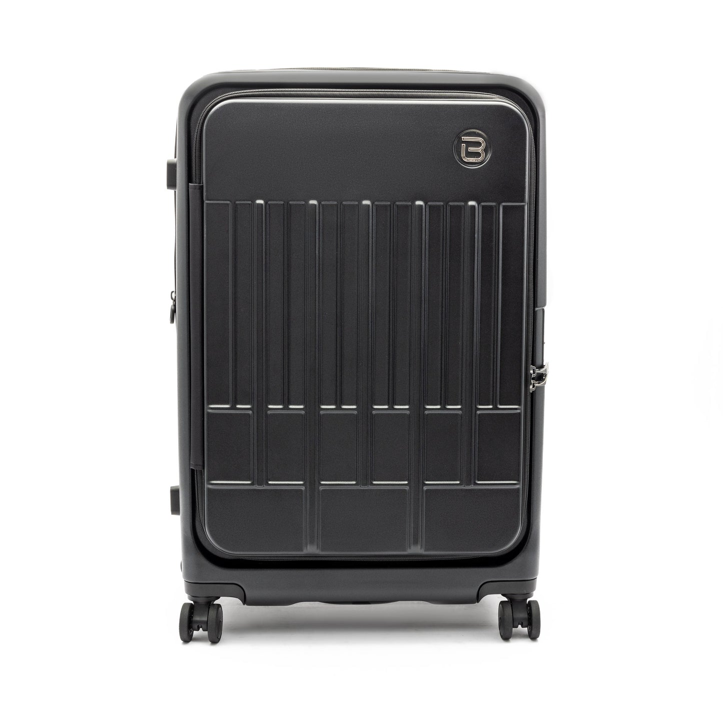 Beside-U Posh Voyage 28" hardside spinner: black, four wheels, logo, zippered divider inside.