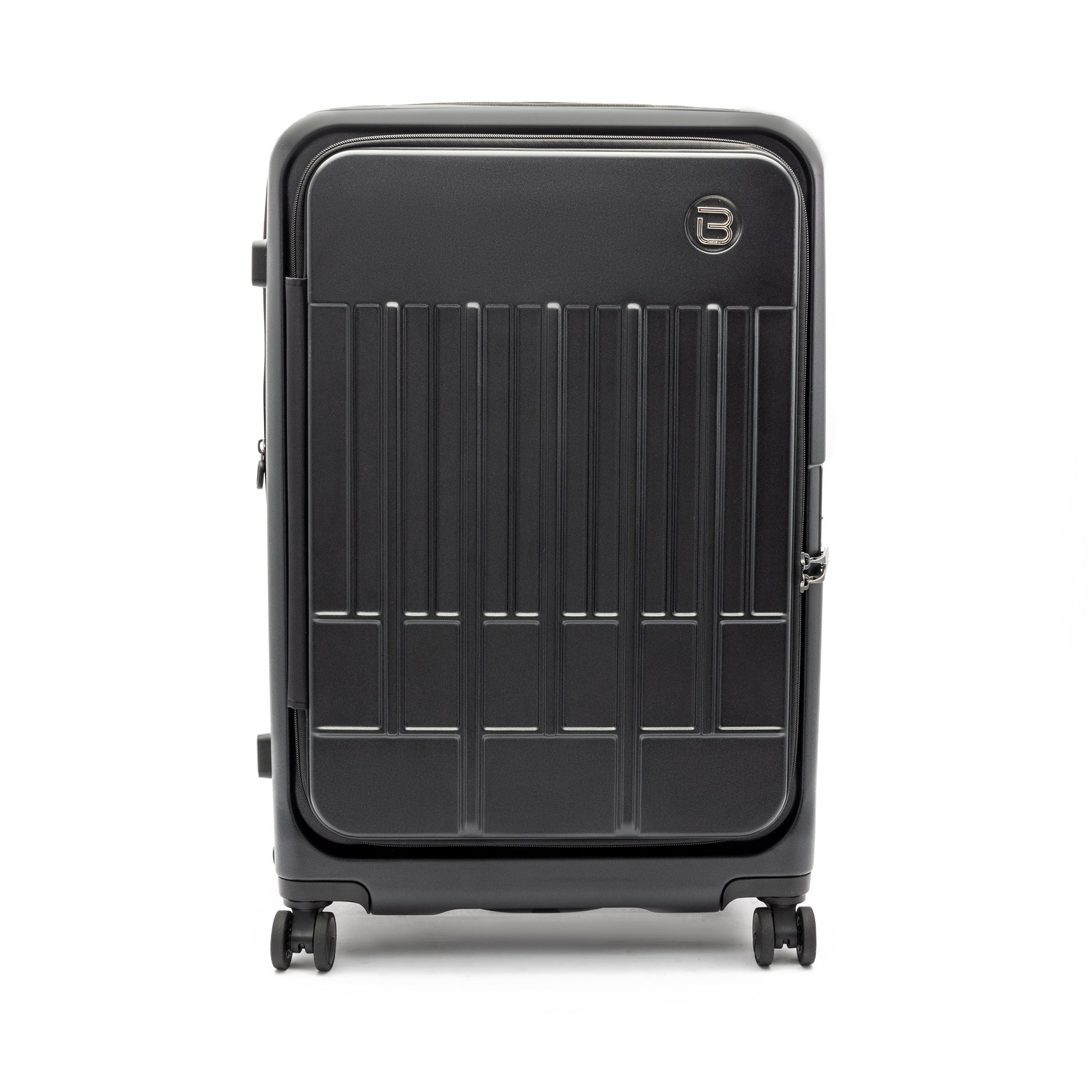 Beside-U Posh Voyage 28" hardside spinner: black, four wheels, logo, zippered divider inside.