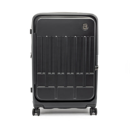 Beside-U Posh Voyage 28" hardside spinner: black, four wheels, logo, zippered divider inside.