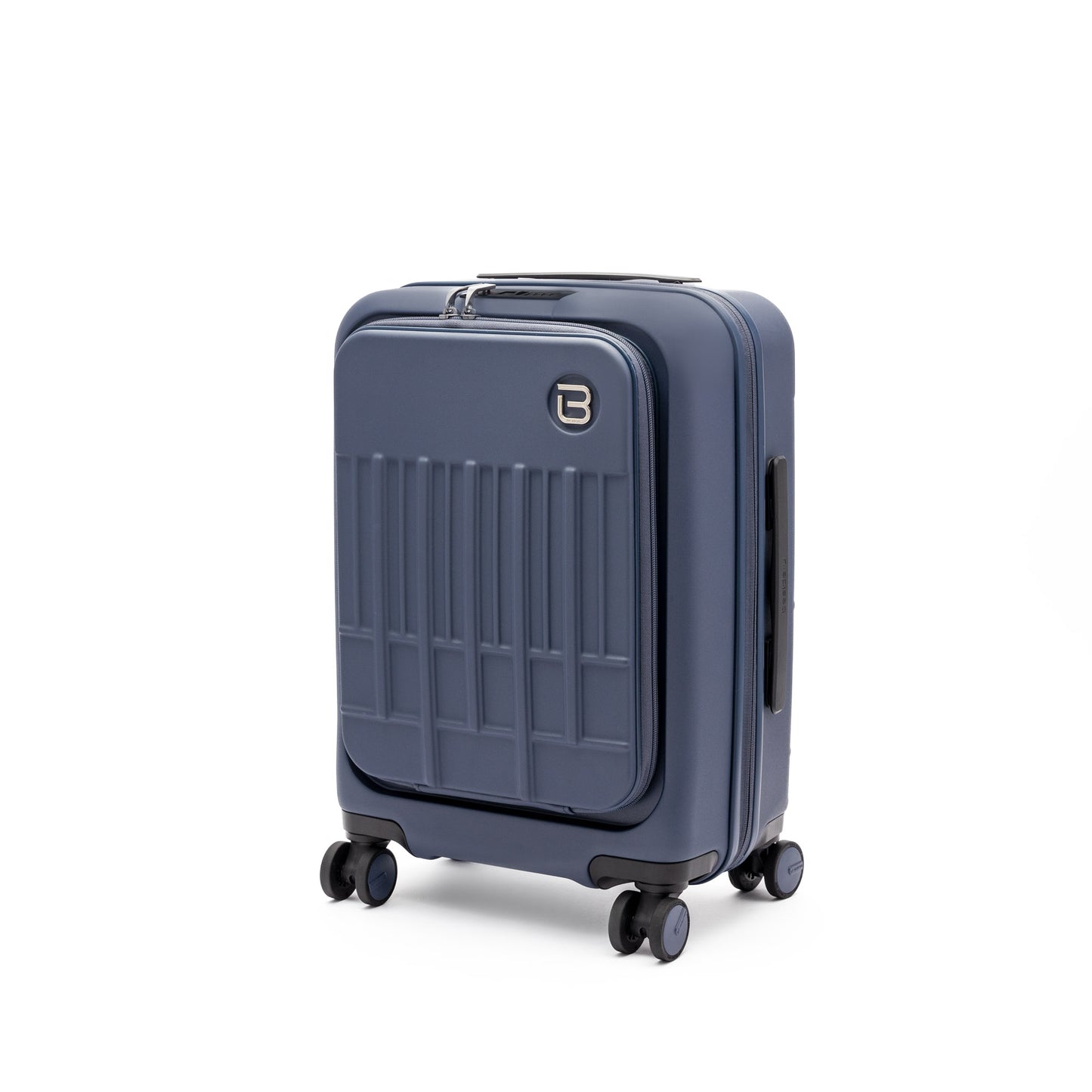 Beside-U Posh Voyage 20" carry-on in navy blue polycarbonate with 4 wheels and anti-theft zipper.