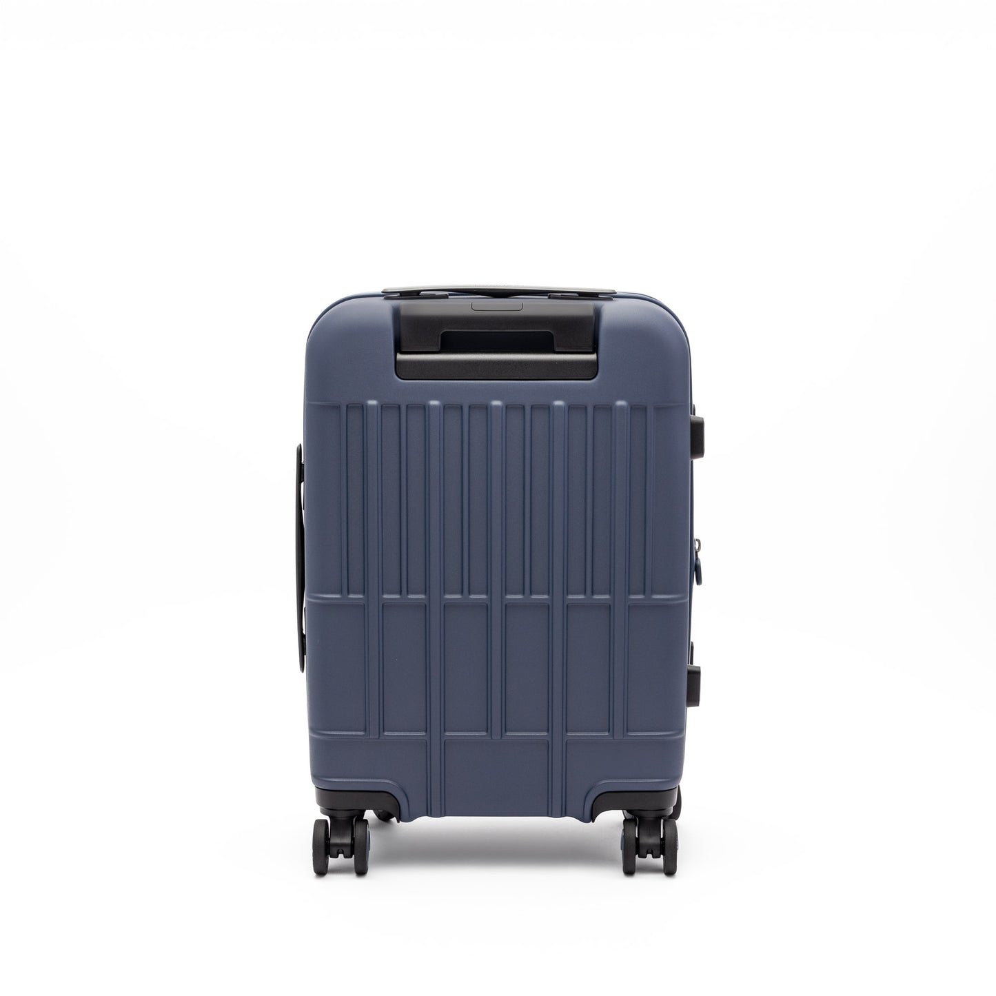 Beside-U Posh Voyage 20" navy polycarbonate carry-on with 4 wheels and anti-theft zipper, shown from the back.