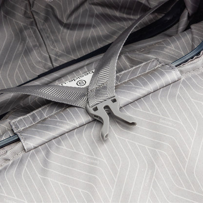 Close-up of a gray buckle, like an anti-theft zipper on the Beside-U Posh Voyage 20" Carry-on luggage.