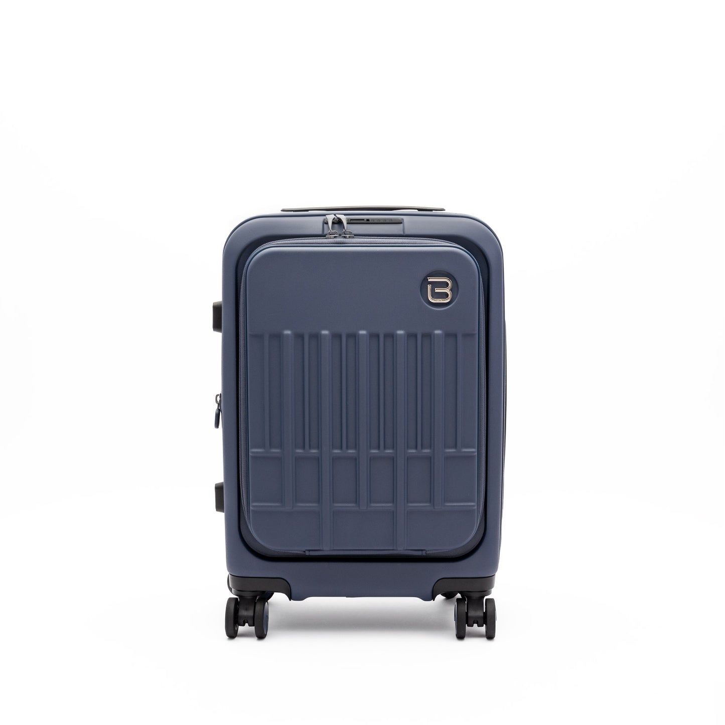 Beside-U Posh Voyage 20" navy carry-on with 4 wheels and anti-theft zipper, shown on white.